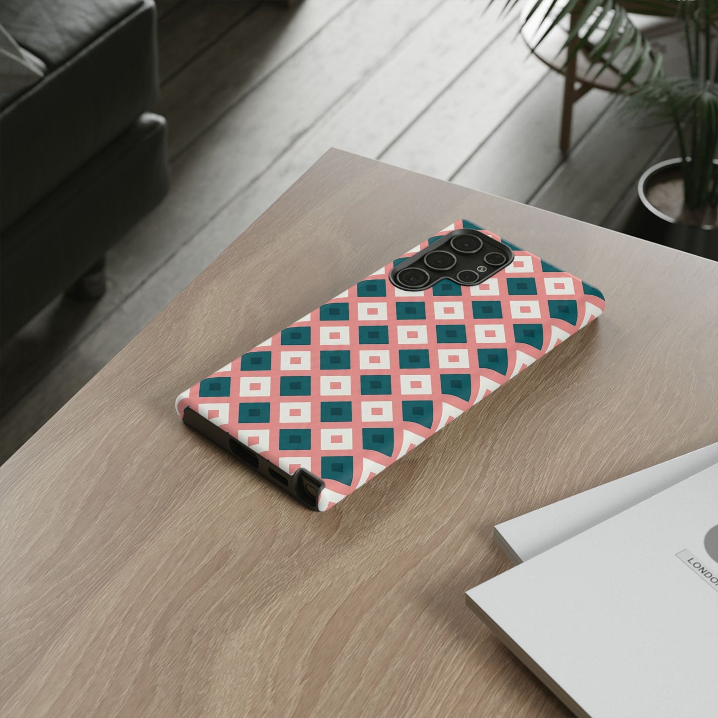 Geometric Diamond Pattern Tough Phone Case — Retro Pink & Teal Protective Cover