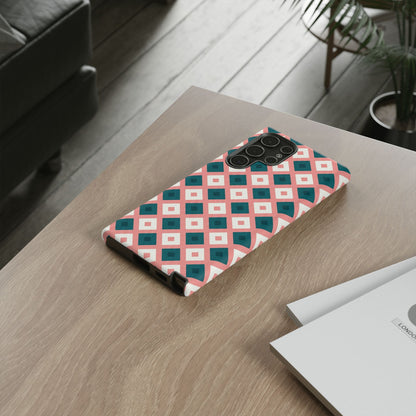 Geometric Diamond Pattern Tough Phone Case — Retro Pink & Teal Protective Cover