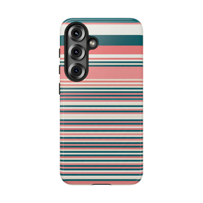 Striped Tough Phone Case — Coral, Teal & White Protective Cover