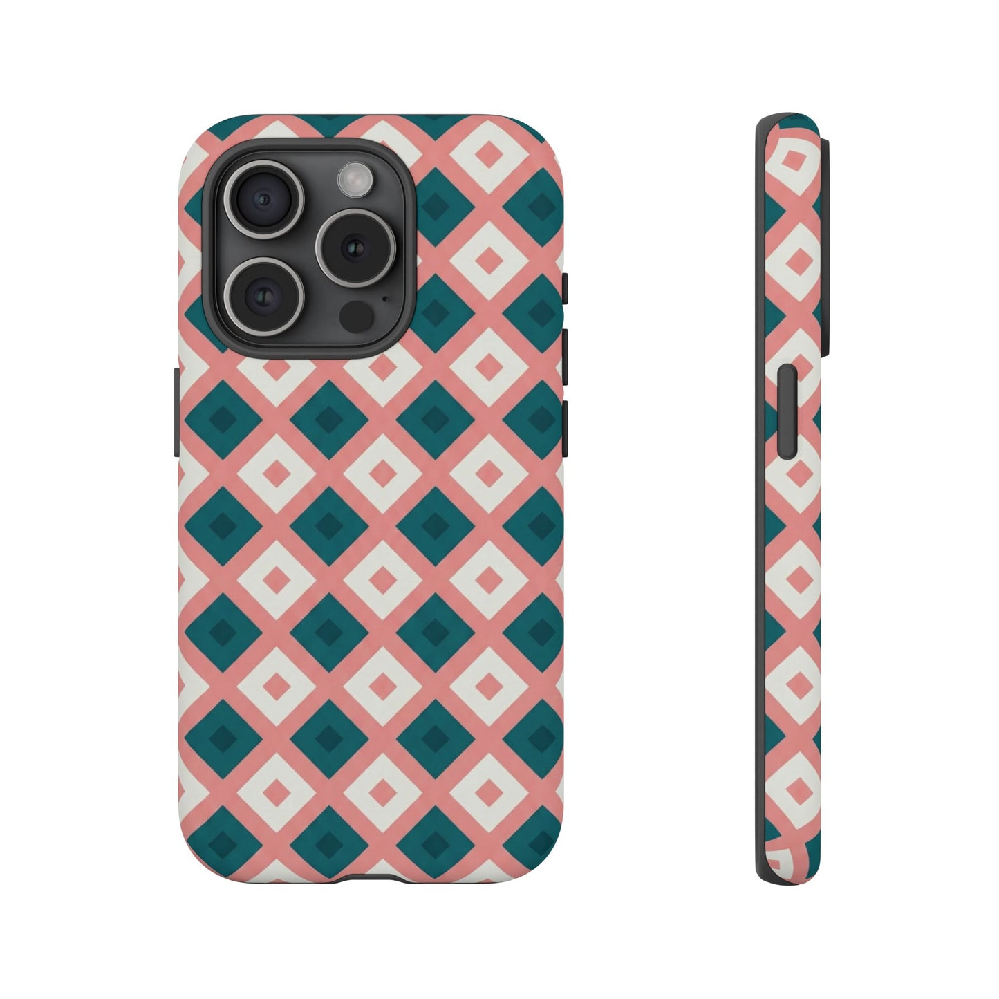 Geometric Diamond Pattern Tough Phone Case — Pink & Teal Protective Cover
