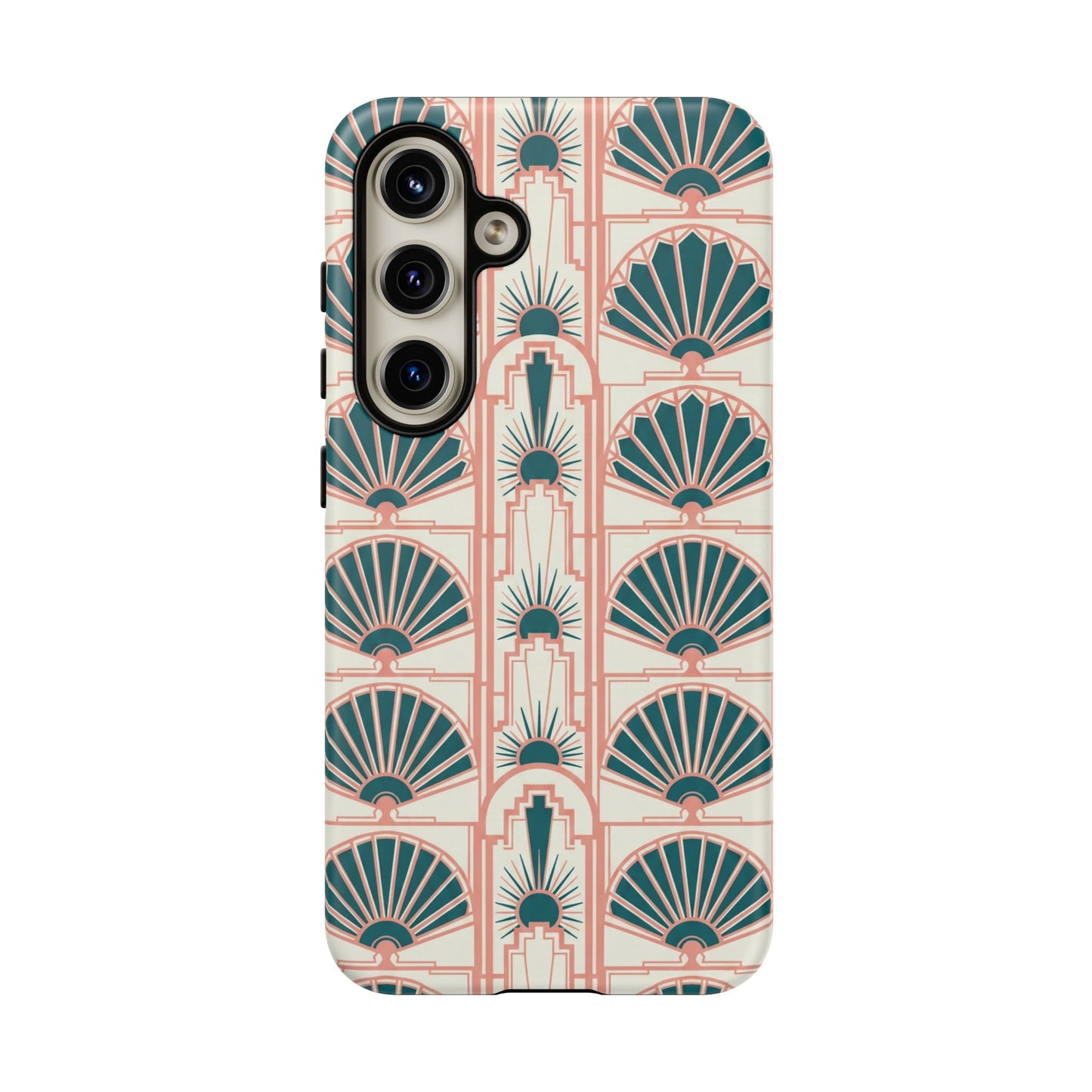 Art Deco Fan Pattern Tough Phone Case — Teal & Blush Retro Protection