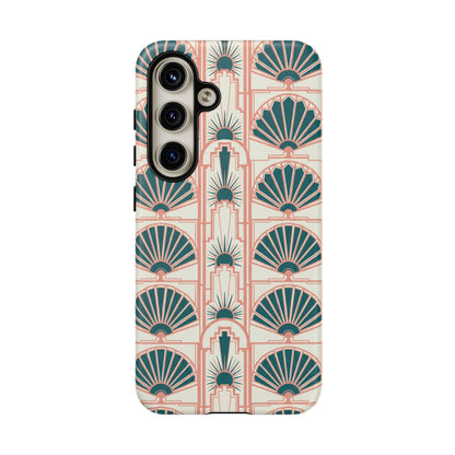 Art Deco Fan Pattern Tough Phone Case — Teal & Blush Retro Protection