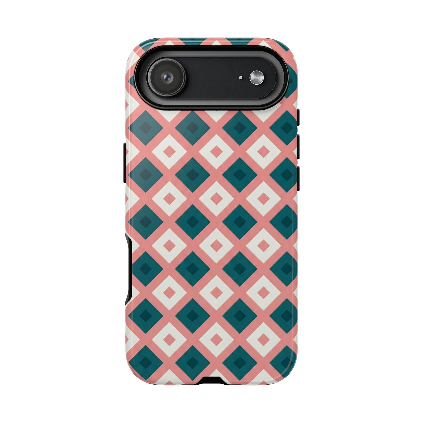 Geometric Diamond Pattern Tough Phone Case — Pink & Teal Protective Cover