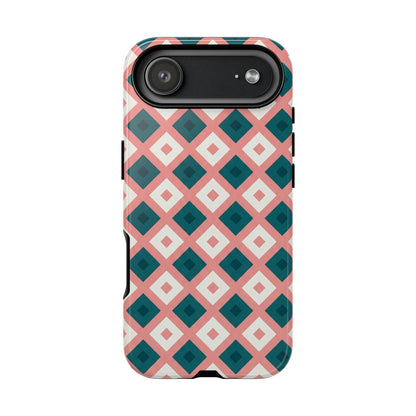 Geometric Diamond Pattern Tough Phone Case — Pink & Teal Protective Cover