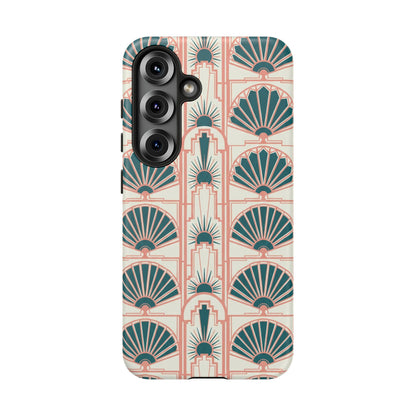 Art Deco Fan Pattern Tough Phone Case — Teal & Blush Retro Protection
