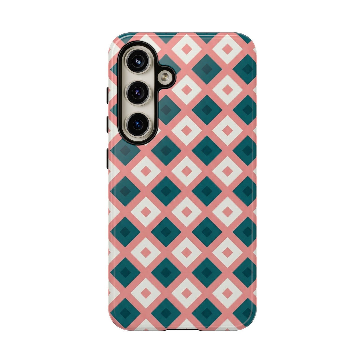Geometric Diamond Pattern Tough Phone Case — Retro Pink & Teal Protective Cover