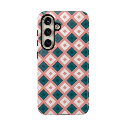 Geometric Diamond Pattern Tough Phone Case — Retro Pink & Teal Protective Cover