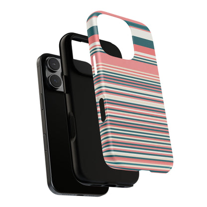 Striped Tough Phone Case — Coral, Teal & White Protective Cover