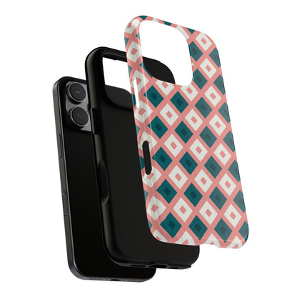Geometric Diamond Pattern Tough Phone Case — Pink & Teal Protective Cover