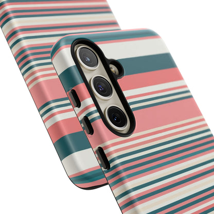 Striped Tough Phone Case — Coral, Teal & White Protective Cover