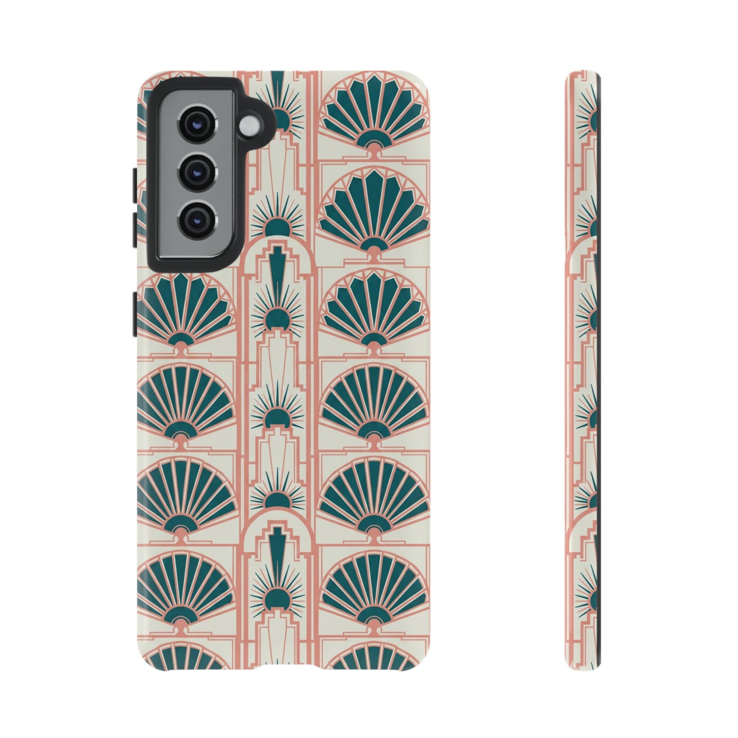 Art Deco Fan Pattern Tough Phone Case — Teal & Blush Retro Protection