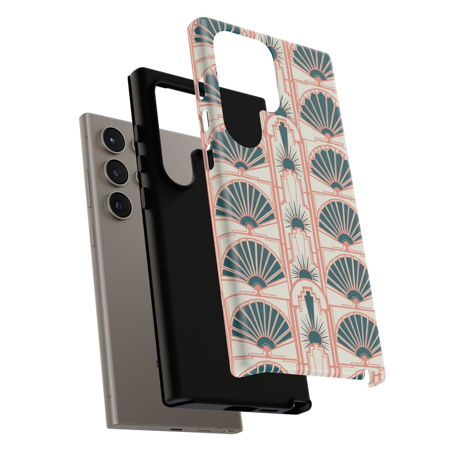 Art Deco Fan Pattern Tough Phone Case — Teal & Blush Retro Protection