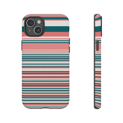 Striped Tough Phone Case — Coral, Teal & White Protective Cover