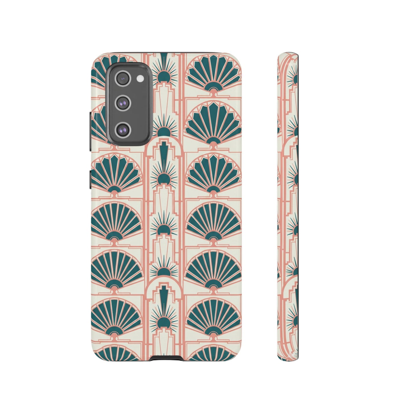 Art Deco Fan Pattern Tough Phone Case — Teal & Blush Retro Protection