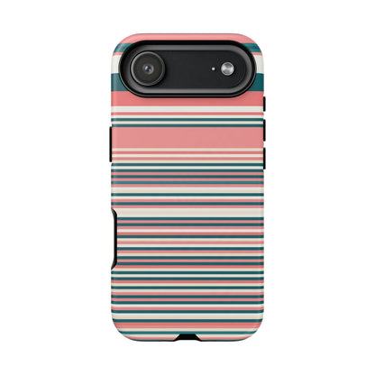 Striped Tough Phone Case — Coral, Teal & White Protective Cover