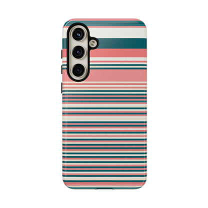 Striped Tough Phone Case — Coral, Teal & White Protective Cover