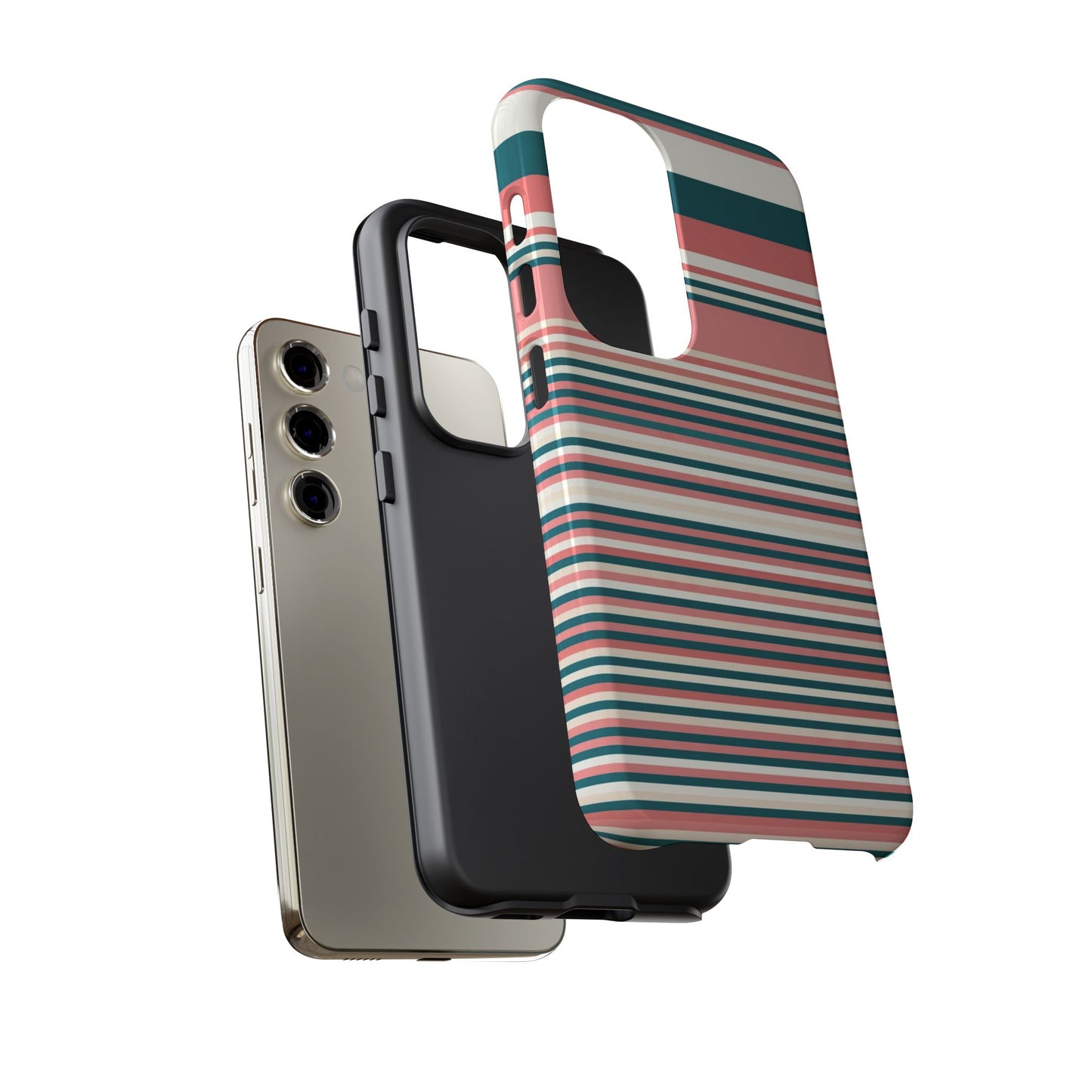 Striped Tough Phone Case — Coral, Teal & White Protective Cover