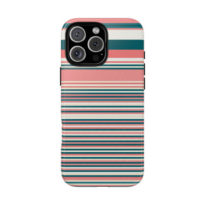Striped Tough Phone Case — Coral, Teal & White Protective Cover