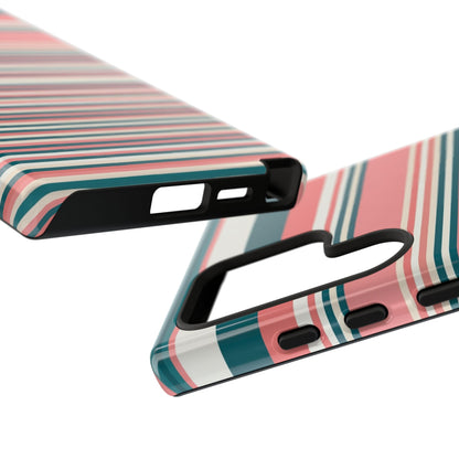 Striped Tough Phone Case — Coral, Teal & White Protective Cover