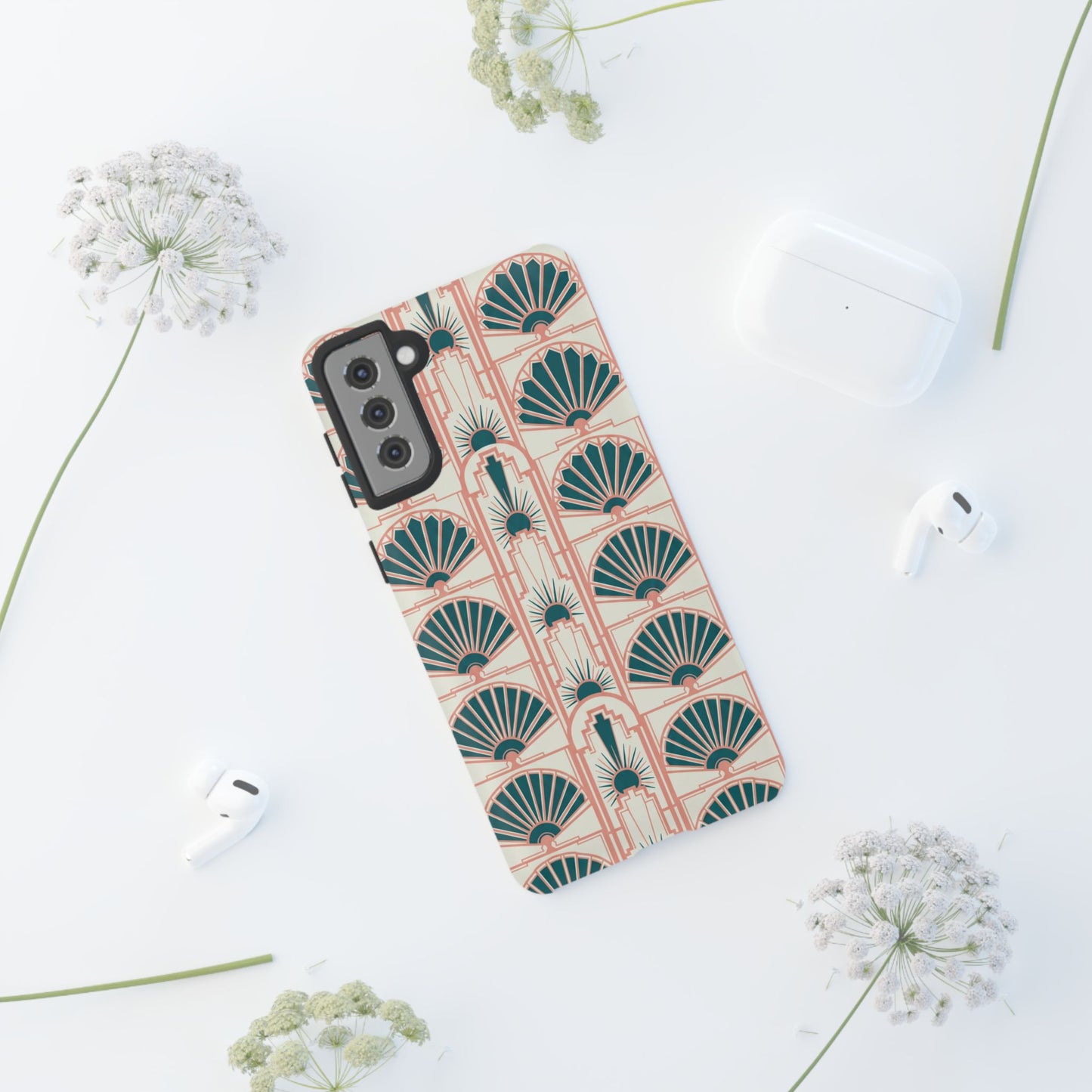 Art Deco Fan Pattern Tough Phone Case — Teal & Blush Retro Protection
