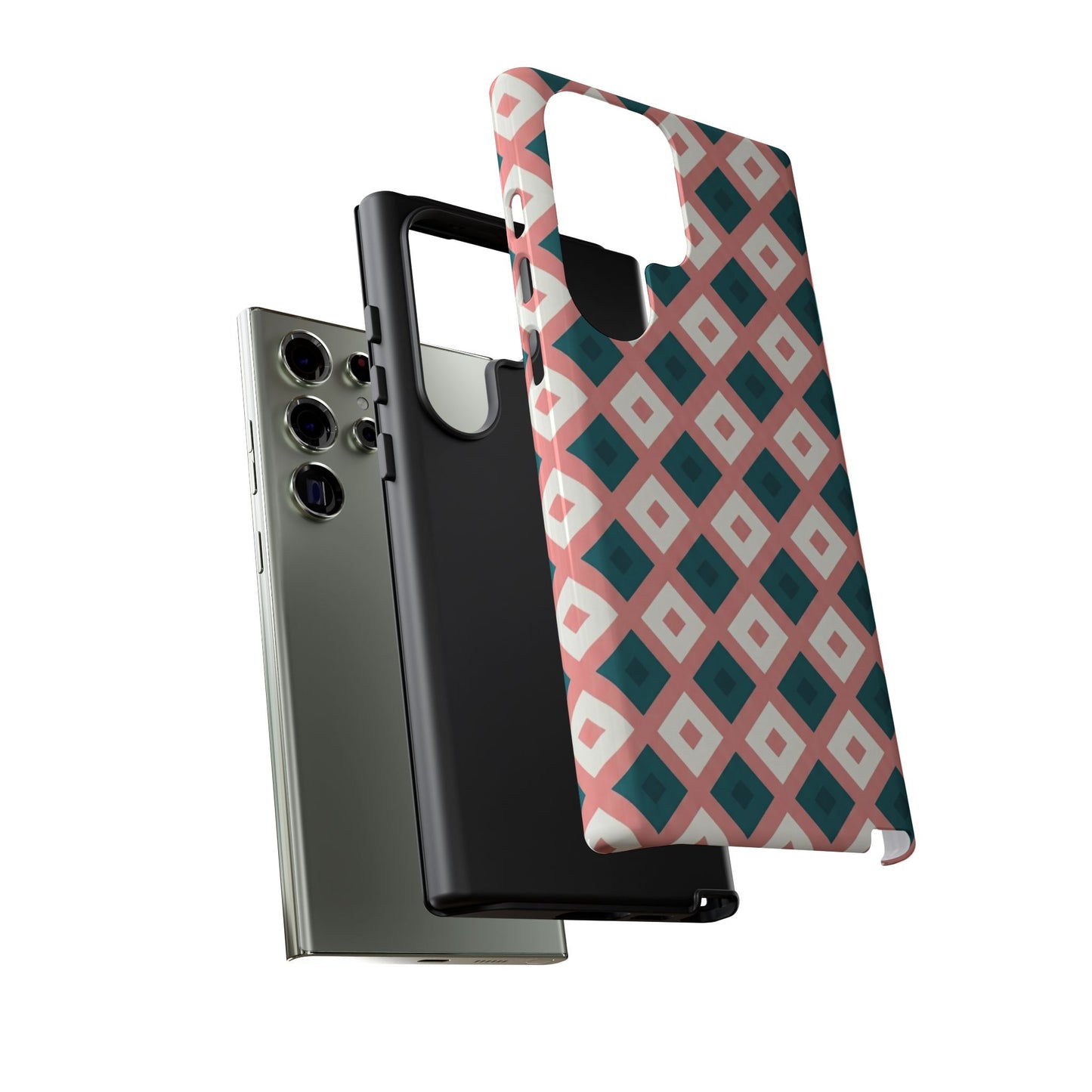 Geometric Diamond Pattern Tough Phone Case — Retro Pink & Teal Protective Cover