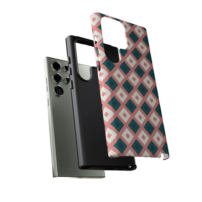 Geometric Diamond Pattern Tough Phone Case — Retro Pink & Teal Protective Cover