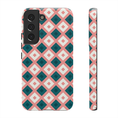 Geometric Diamond Pattern Tough Phone Case — Retro Pink & Teal Protective Cover