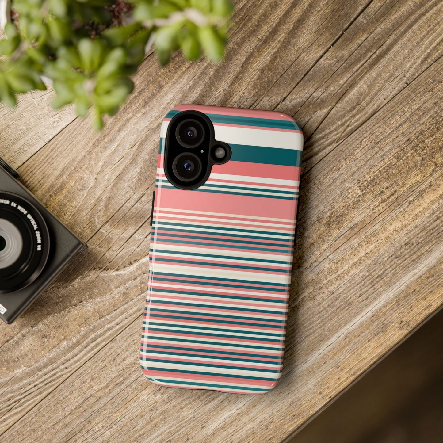 Striped Tough Phone Case — Coral, Teal & White Protective Cover