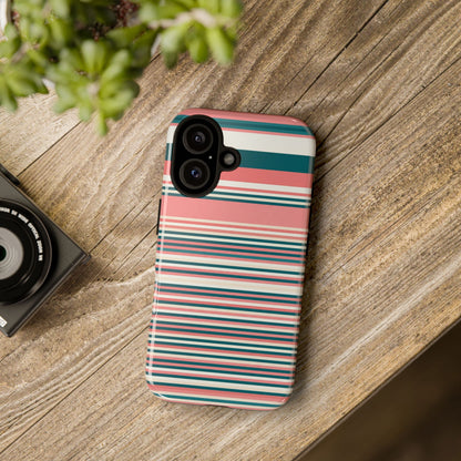 Striped Tough Phone Case — Coral, Teal & White Protective Cover