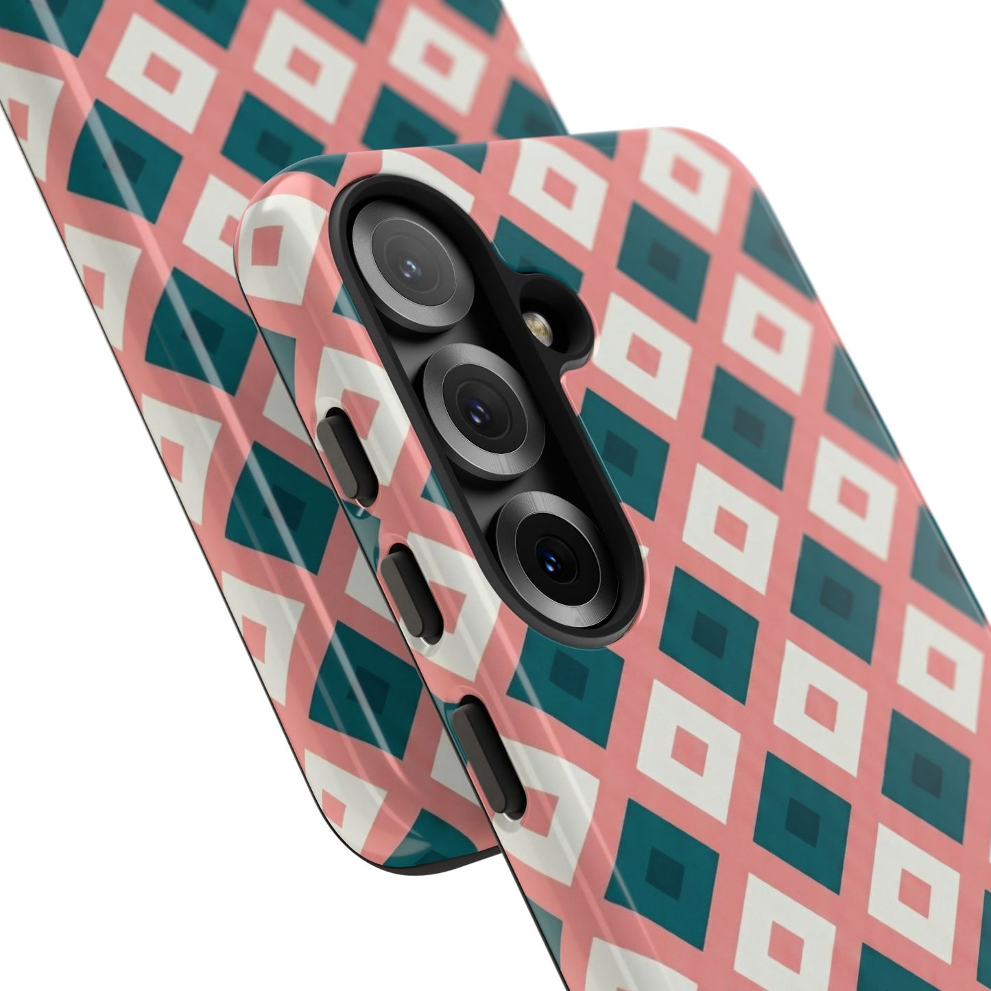 Geometric Diamond Pattern Tough Phone Case — Retro Pink & Teal Protective Cover