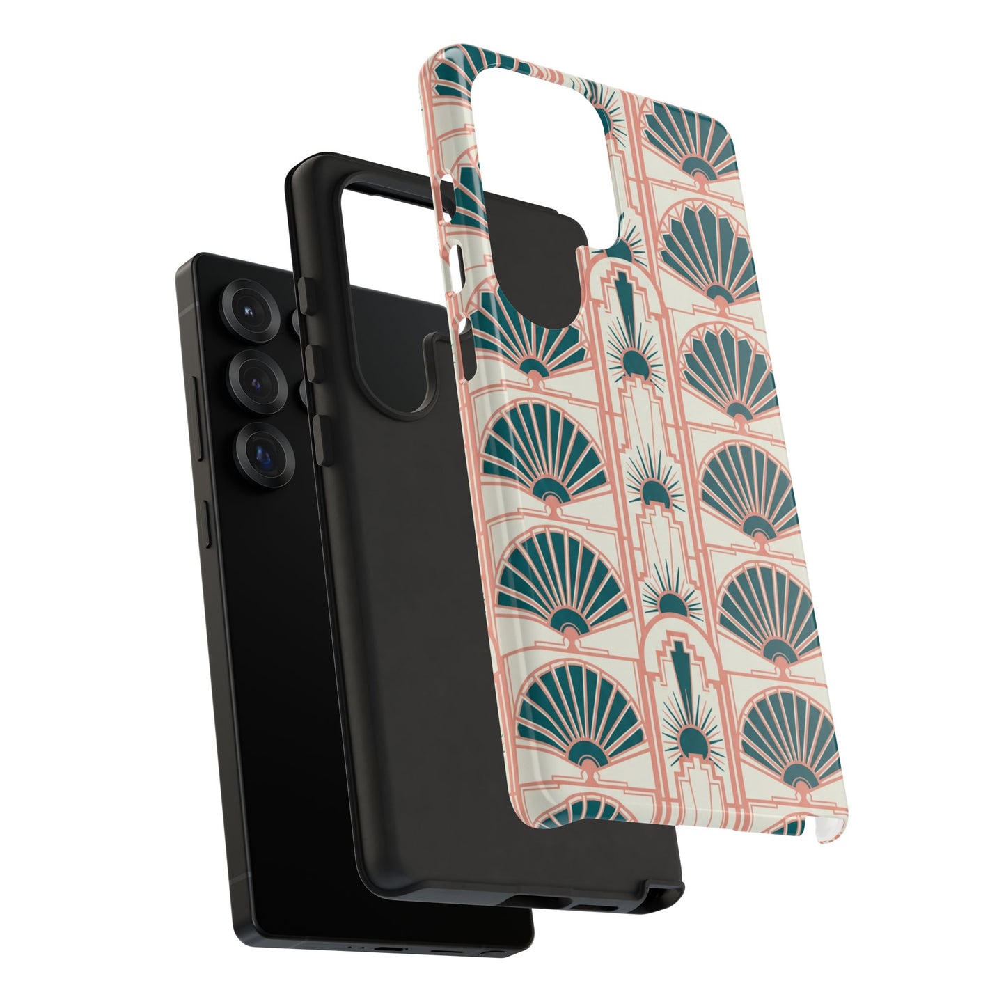 Art Deco Fan Pattern Tough Phone Case — Teal & Blush Retro Protection