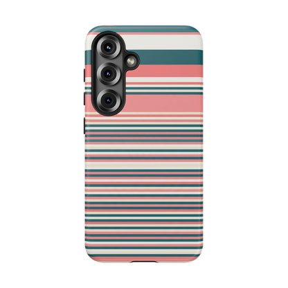 Striped Tough Phone Case — Coral, Teal & White Protective Cover