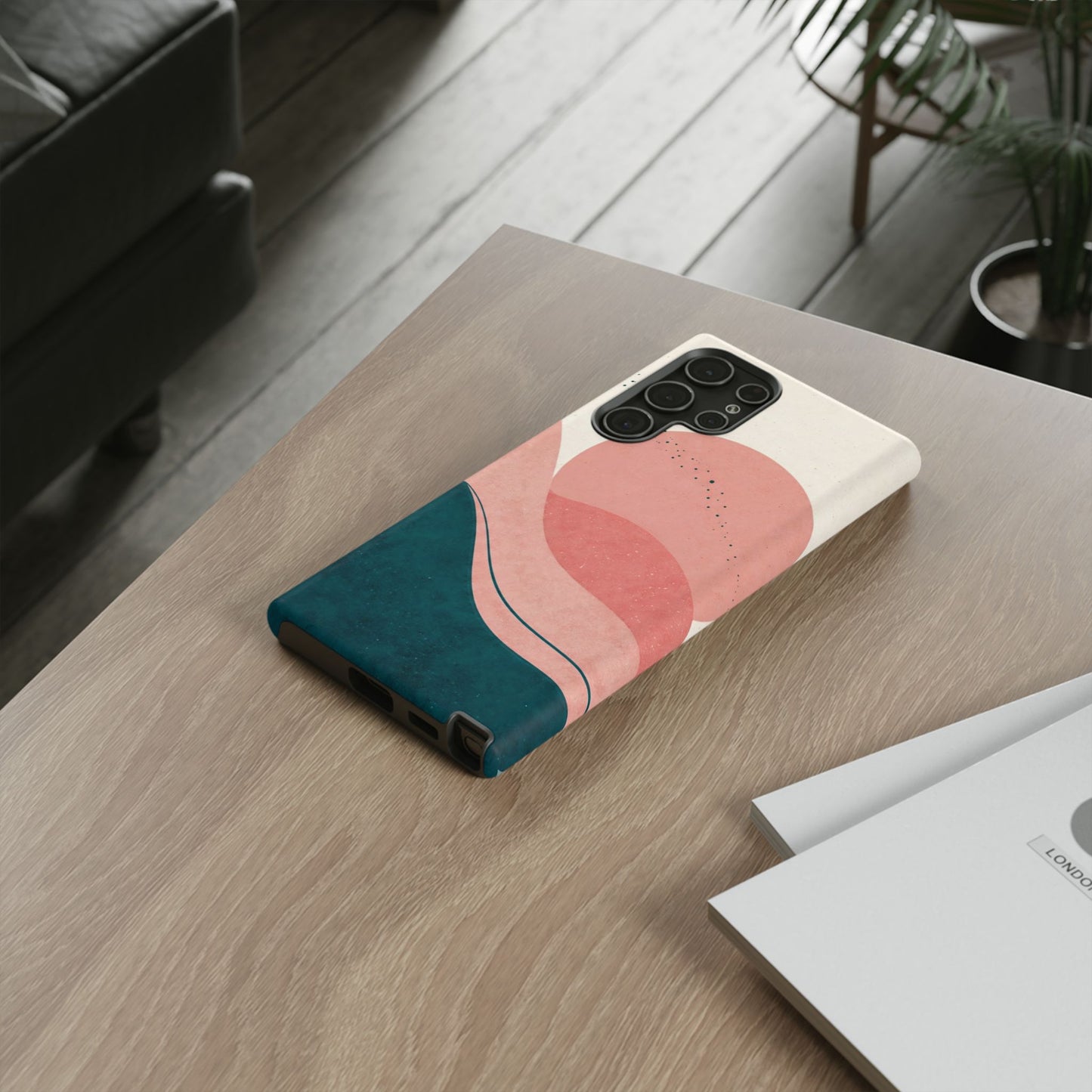 Abstract Sunset Waves Tough Phone Case — Pink & Teal Protective Cover