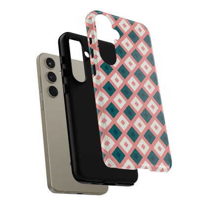 Geometric Diamond Pattern Tough Phone Case — Retro Pink & Teal Protective Cover