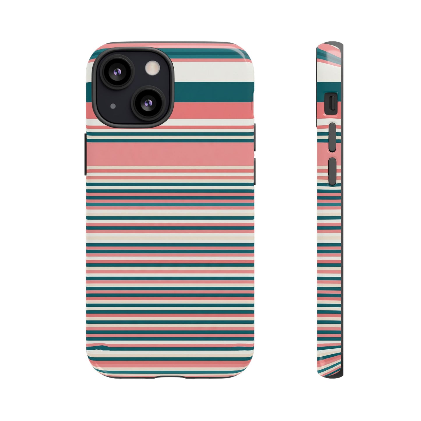 Striped Tough Phone Case — Coral, Teal & White Protective Cover