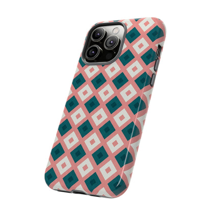 Geometric Diamond Pattern Tough Phone Case — Pink & Teal Protective Cover
