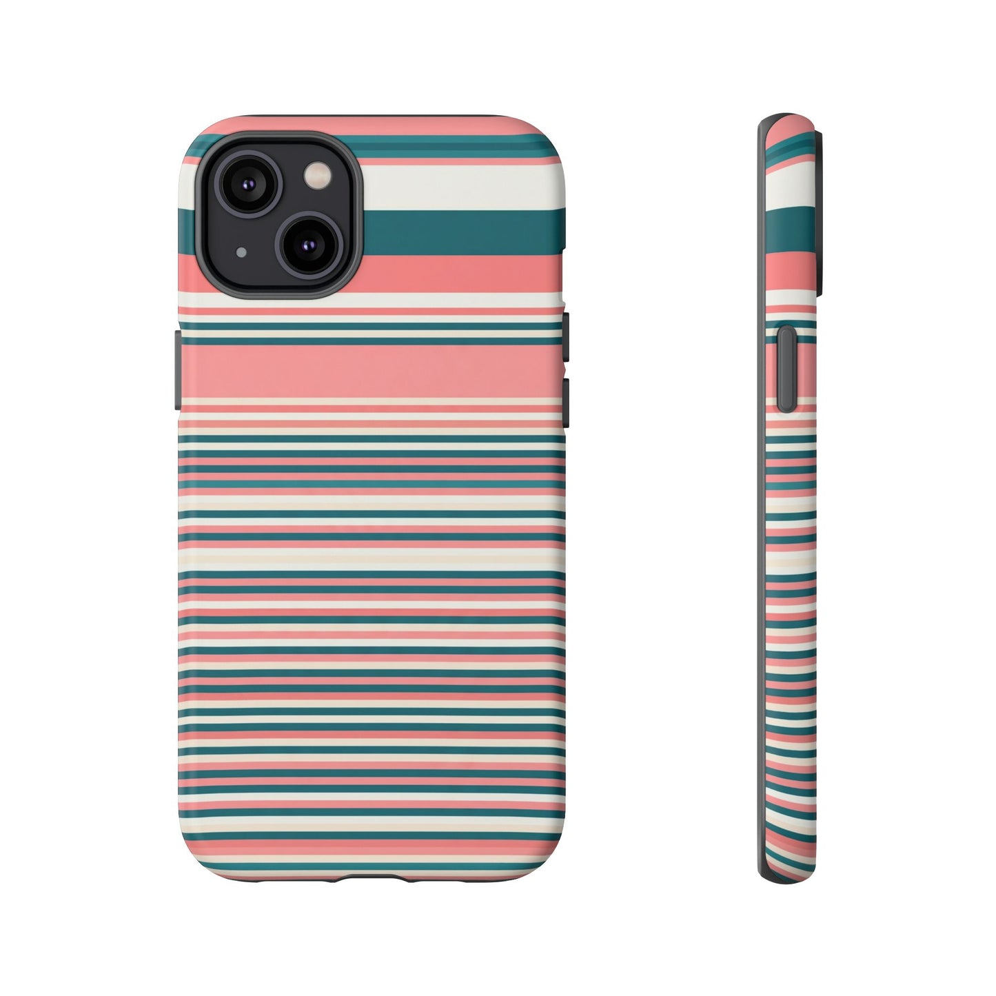 Striped Tough Phone Case — Coral, Teal & White Protective Cover