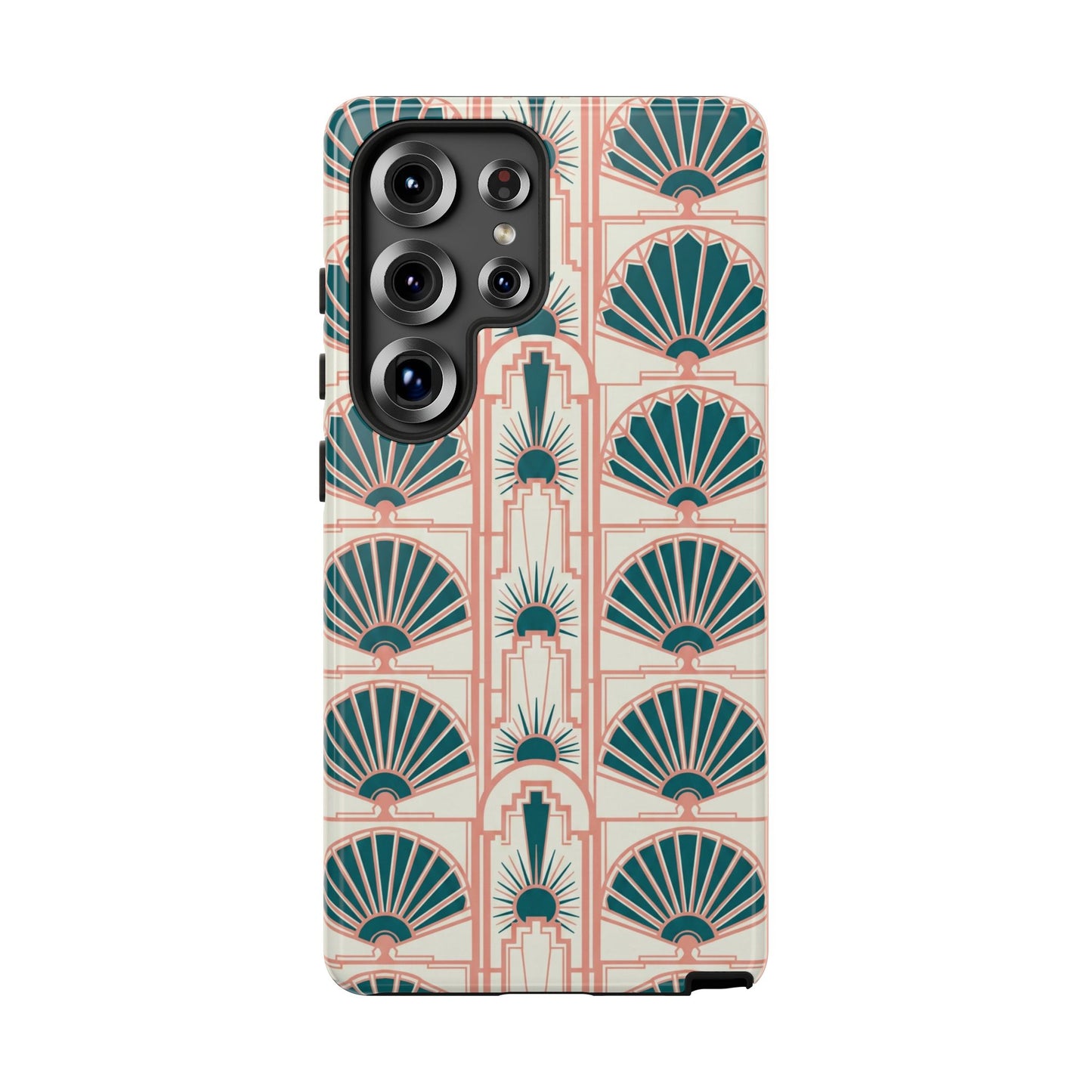 Art Deco Fan Pattern Tough Phone Case — Teal & Blush Retro Protection