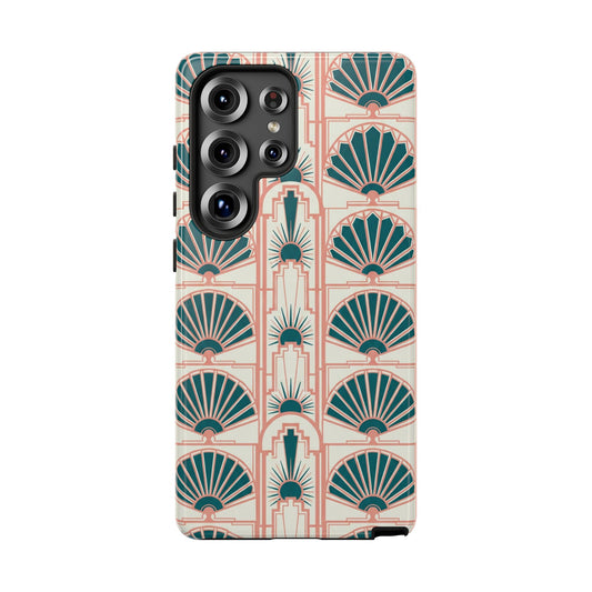 Art Deco Fan Pattern Tough Phone Case — Teal & Blush Retro Protection