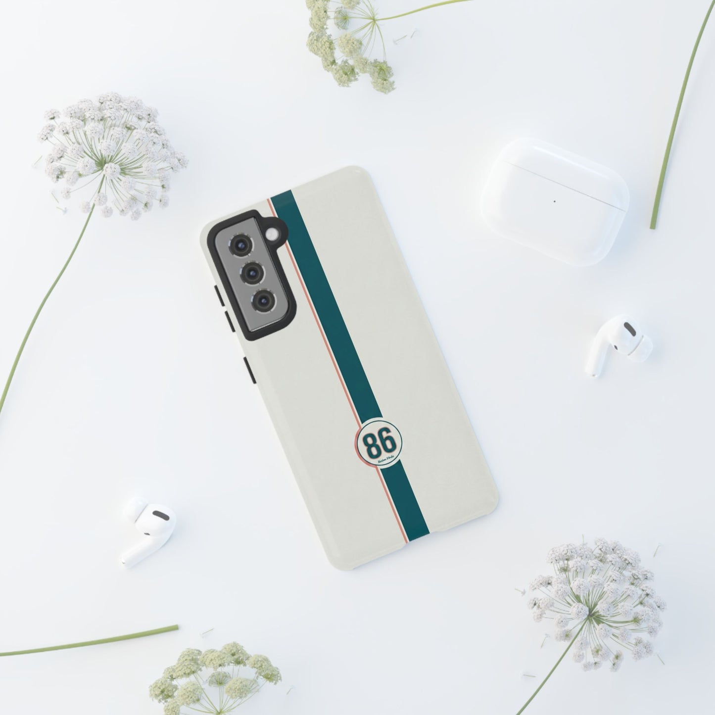Racing Stripe Tough Phone Case — Retro White With '86 Circle Badge