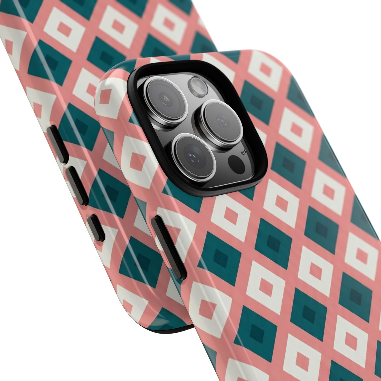 Geometric Diamond Pattern Tough Phone Case — Pink & Teal Protective Cover