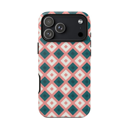Geometric Diamond Pattern Tough Phone Case — Pink & Teal Protective Cover