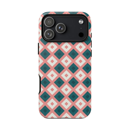 Geometric Diamond Pattern Tough Phone Case — Pink & Teal Protective Cover