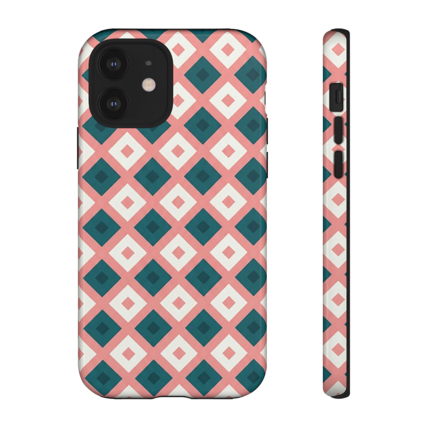 Geometric Diamond Pattern Tough Phone Case — Pink & Teal Protective Cover