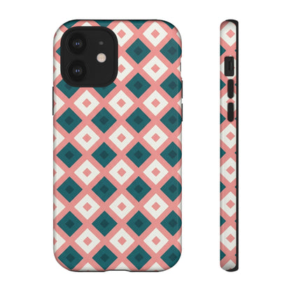 Geometric Diamond Pattern Tough Phone Case — Pink & Teal Protective Cover