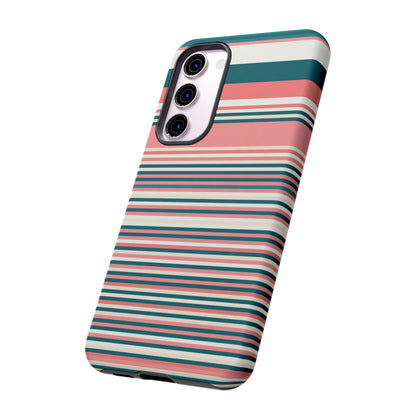 Striped Tough Phone Case — Coral, Teal & White Protective Cover