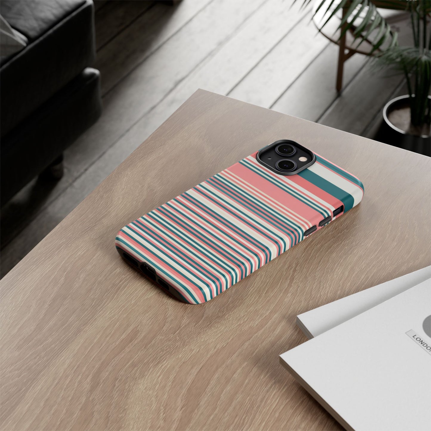 Striped Tough Phone Case — Coral, Teal & White Protective Cover