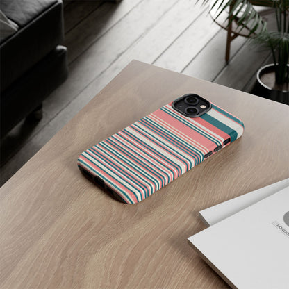 Striped Tough Phone Case — Coral, Teal & White Protective Cover