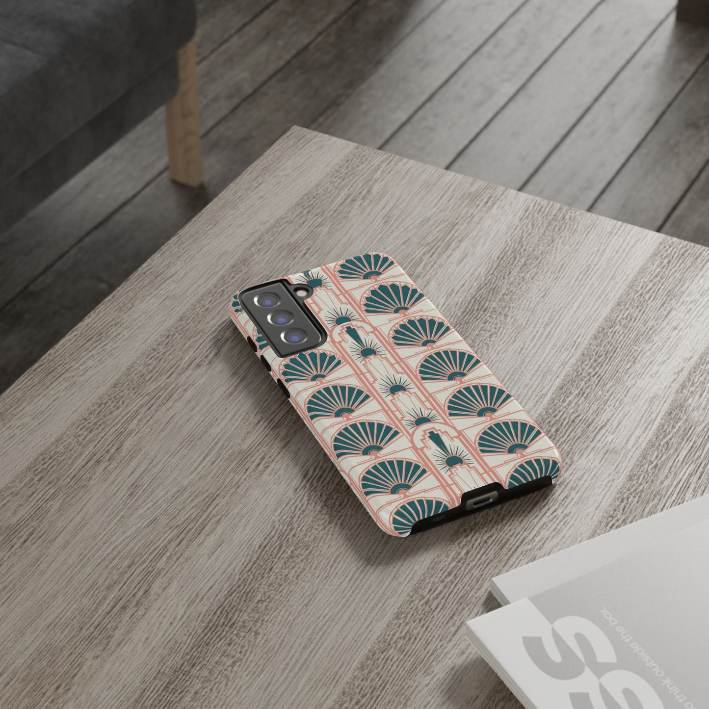 Art Deco Fan Pattern Tough Phone Case — Teal & Blush Retro Protection