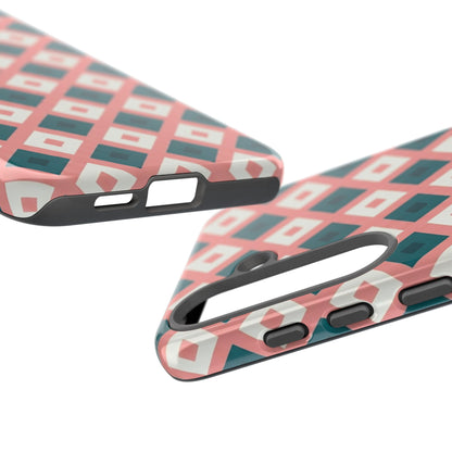 Geometric Diamond Pattern Tough Phone Case — Retro Pink & Teal Protective Cover